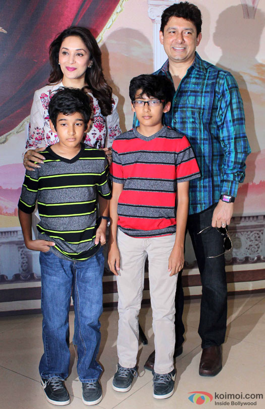 Madhuri Dixit, Raayan Nene, Arin Nene and Sriram Madhav Nene during the Disney's 'Beauty And The Beast' Musical Event