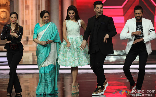 Malaika Arora Khan, Kirron Kher, Jacqueline Fernandez, Karan Johar and Riteish Deshmukh during the promotion of film 'Housefull 3' on the sets of 'India's Got Talent'