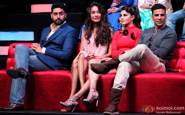 Abhishek Bachchan, Lisa Haydon, Jacqueline Fernandez and Akshay Kumar during the promotion of movie 'Housefull 3' on the sets of 'Sa Re Ga Ma Pa'