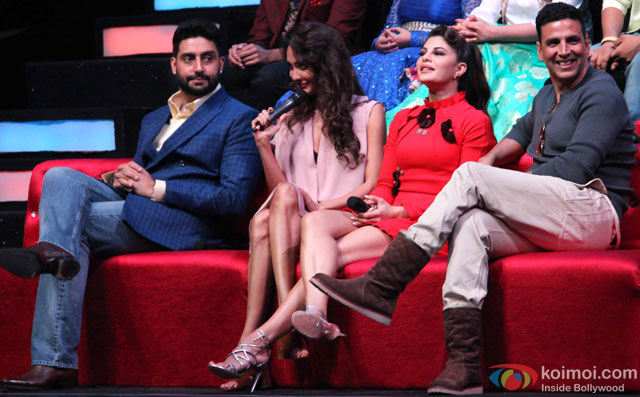Abhishek Bachchan, Lisa Haydon, Jacqueline Fernandez and Akshay Kumar during the promotion of movie 'Housefull 3' on the sets of 'Sa Re Ga Ma Pa'