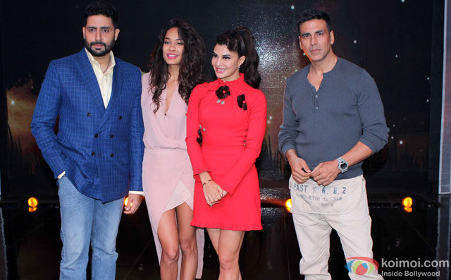 Abhishek Bachchan, Lisa Haydon, Jacqueline Fernandez and Akshay Kumar during the promotion of movie 'Housefull 3' on the sets of 'Sa Re Ga Ma Pa'