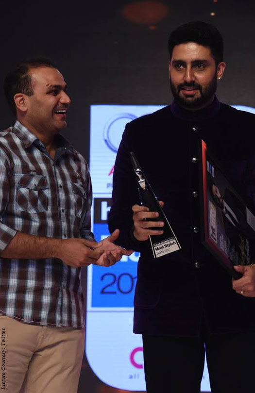 Virender Sehwag and Abhishek Bachchan during the 'HT Most Stylish 2016' Awards