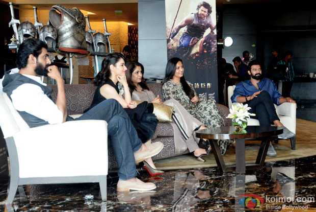 Rana Daggubati, Tamannaah Bhatia, Ramya Krishna, Anushka Shetty and Prabhas interacting with the Chinese media