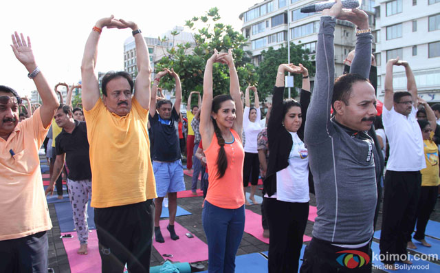 Tara Sharma, Shaina NC and Mickey Mehta during the International Yoga day