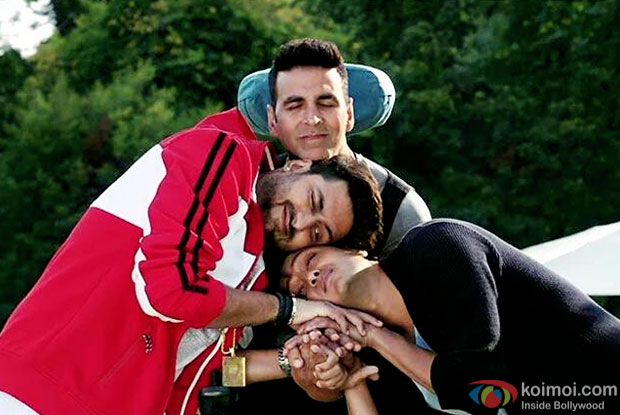 Akshay Kumar, Abhishek Bachchan and Riteish Deshmukh in a still from Housefull 3