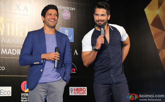 Farhan Akhtar and Shahid Kapoor during the 'IIFA 2016 Opening Press Conference'
