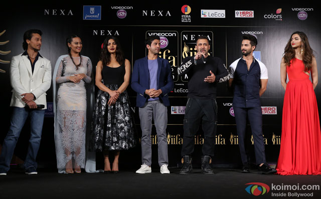 Tiger Shroff, Sonakshi Sinha, Priyanka Chopra, Farhan Akhtar,  Salman Khan, Shahid Kapoor and Deepika Padukone during the 'IIFA 2016 Opening Press Conference'