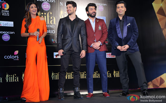 Shilpa Shetty, Sooraj Pancholi, Fawad Khan and Karan Johar during the 'IIFA 2016 Opening Press Conference'
