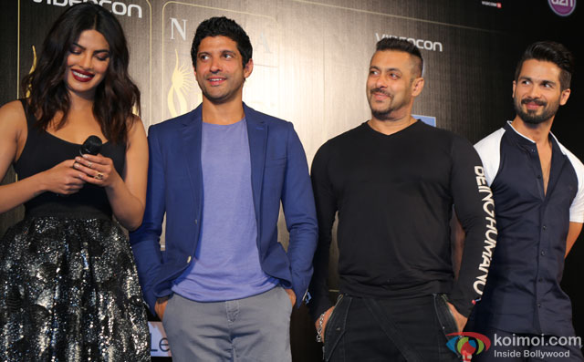 Priyanka Chopra, Farhan Akhtar, Salman Khan and Shahid Kapoor during the 'IIFA 2016 Opening Press Conference'