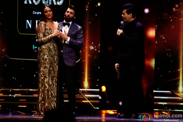 Sonakshi Sinha with hosts Fawad Khand and Karan Johar at Videocon d2h IIFA Rocks 2016 in Madrid