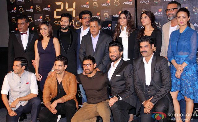 Ashish Vidyarthi, Neil Bhoopalam, Angad Bedi, Rensil D'Silva, Aamir Khan, Raj Nayak, Anil Kapoor, Sonam Kapoor, Sapna Pabbi, Sikandar Kher, Abhinay Deo and Surveen Chawla during the press conference of TV Serial 24 Season 2