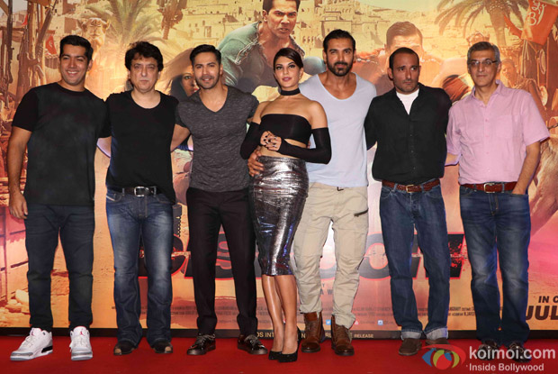 Rohit Dhawan, Sajid Nadiadwala, Varun Dhawan, Jacqueline Fernandez, Johan Abraham and Akshaye Khanna during the trailer launch of film Dishoom