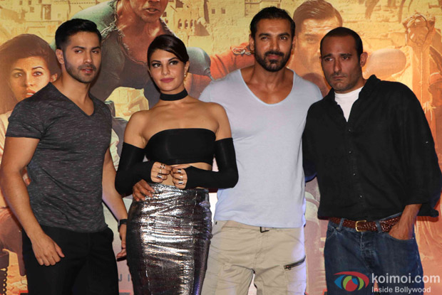 Jacqueline Fernandez, John Abraham, Akshaye Khanna and Varun Dhawan during the trailer launch of film Dishoom
