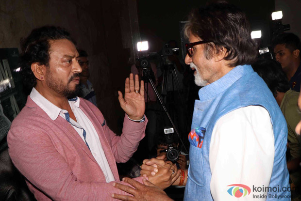 Irrfan Khan and Amitabh bachchan during the screening of the film Madaari 