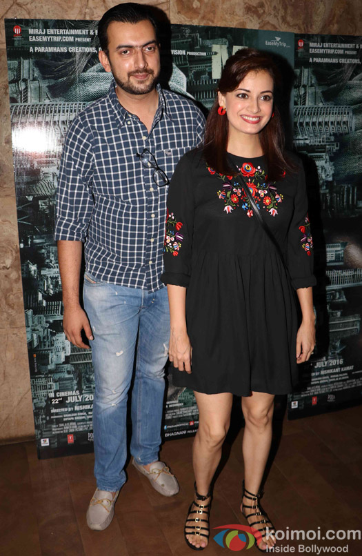 Sahil Sangha and Dia Mirza during the screening of the film Madaari 