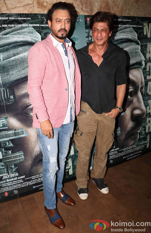 Irrfan Khan and Shah Rukh Khan during the screening of the film Madaari 