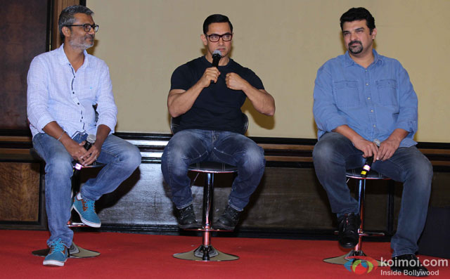 Nitesh Tiwari, Aamir Khan and Siddharth Roy Kapur during the poster launch of film 'Dangal'