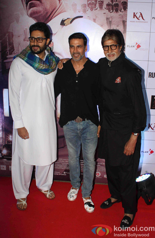 Abhishek Bachchan and Amitabh Bachchan during the Rustom Screening