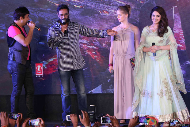 Ajay Devgn, Sayyeshaa Saigal, and Erika Kaar during the trailer launch of Shivaay