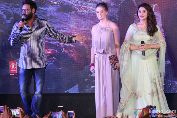 Ajay Devgn, Sayyeshaa Saigal, and Erika Kaar during the trailer launch of Shivaay