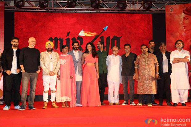 Daler Mehndi, Saiyami Kher, Harshvardhan Kapoor, Rakeysh Omprakash Mehra, Gulzar, Shankar Mahadevan, hsaan Noorani and Loy Mendonsa during the music launch of film Mirzya