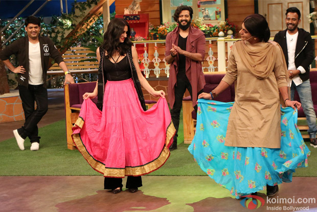 Ritesh Deshmukh, Nargis Fakhri and Dharmesh Yelande on the sets of The Kapil Sharma Show