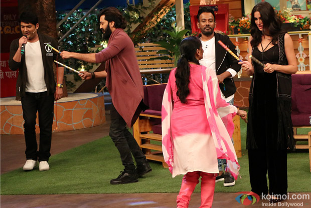 Ritesh Deshmukh, Nargis Fakhri and Dharmesh Yelande on the sets of The Kapil Sharma Show