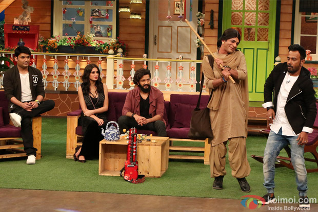 Ritesh Deshmukh, Nargis Fakhri and Dharmesh Yelande on the sets of The Kapil Sharma Show