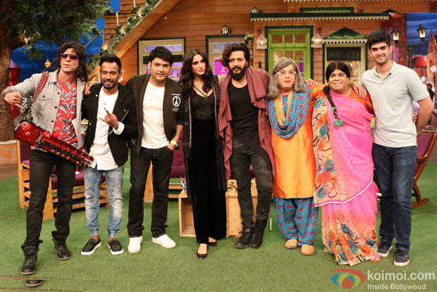 Ritesh Deshmukh, Nargis Fakhri and Dharmesh Yelande on the sets of The Kapil Sharma Show