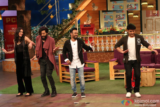Ritesh Deshmukh, Nargis Fakhri and Dharmesh Yelande on the sets of The Kapil Sharma Show