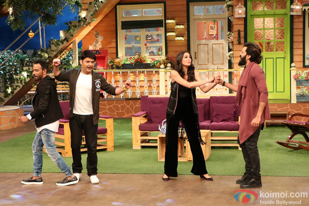 Ritesh Deshmukh, Nargis Fakhri and Dharmesh Yelande on the sets of The Kapil Sharma Show
