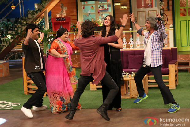 Ritesh Deshmukh, Nargis Fakhri and Dharmesh Yelande on the sets of The Kapil Sharma Show