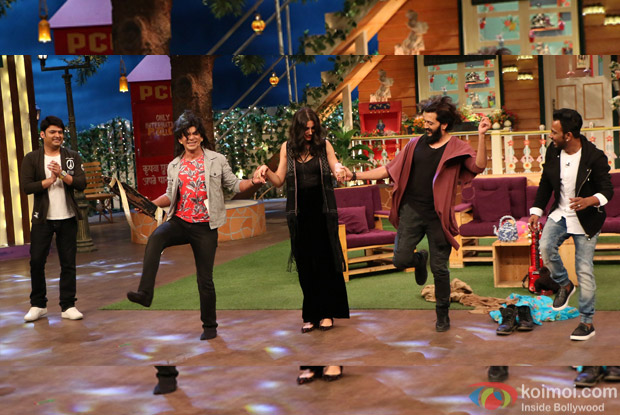 Ritesh Deshmukh, Nargis Fakhri and Dharmesh Yelande on the sets of The Kapil Sharma Show