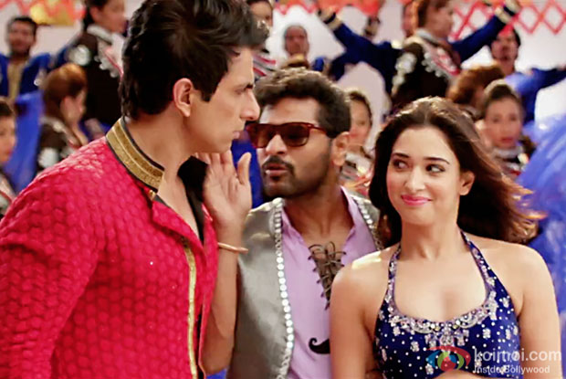 Sonu Sood, Prabhu Deva and Tamannaah in a Tutak Tutak Tutiya Title Song still from Tutak Tutak Tutiya