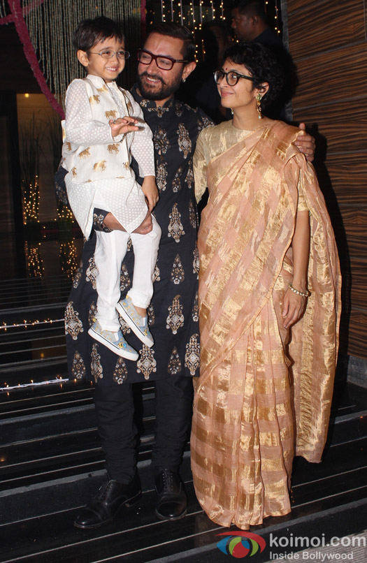 Aamir Khan along with his wife Kiran Rao and son Azad Rao Khan during Diwali celebration