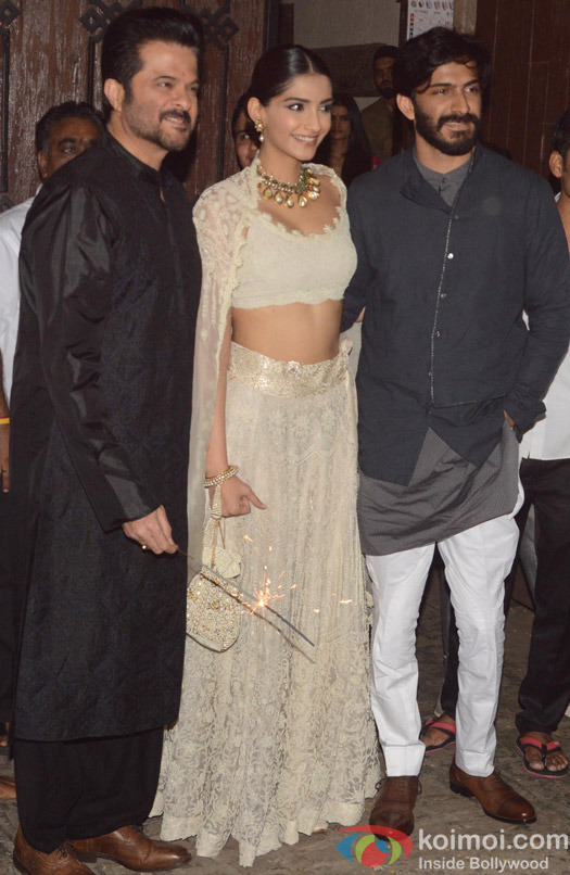 Harshwardhan Kapoor, Anil Kapoor and Sonam Kapoor during Diwali celebrations