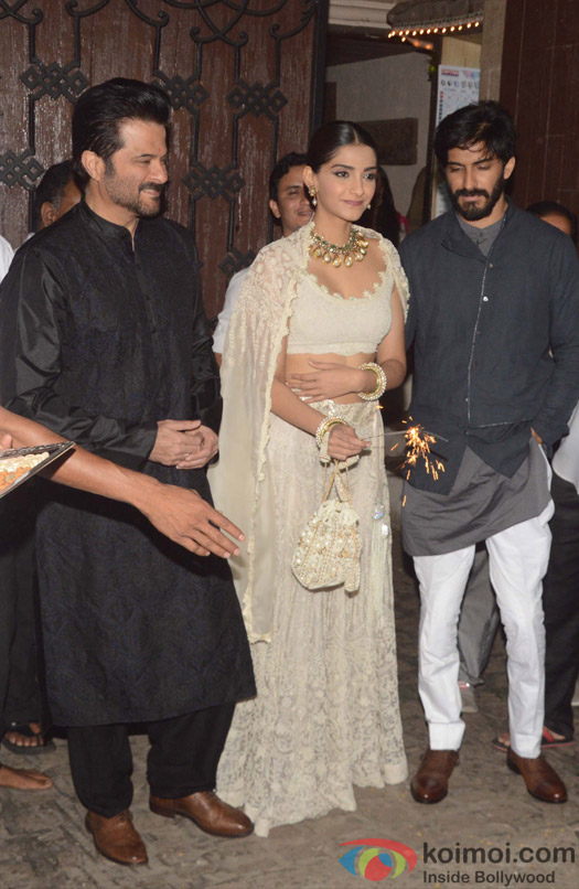Harshwardhan Kapoor, Anil Kapoor and Sonam Kapoor during Diwali celebrations