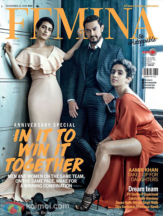 Dangal Trio: Aamir Khan, Sanaya Malhotra & Fatima Sana Sheikh Grace Femina Cover