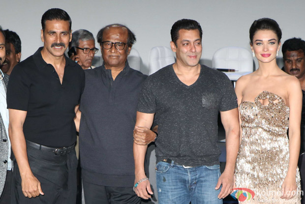 Salman Khan, Rajnikanth, Amy Jackson and Akshay Kumar during the first look launch of film 2.0