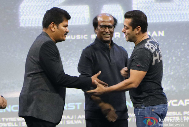 Salman Khan, Rajnikanth and S Shankar during the first look launch of film 2.0
