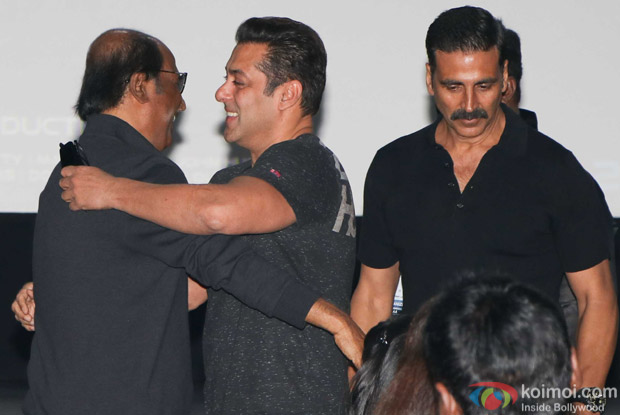 Rajnikanth, Salman Khan and Akshay Kumar during the first look launch of film 2.0