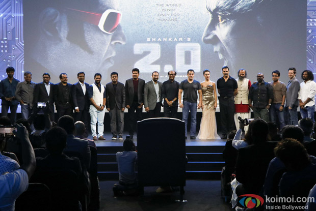 A. R. Rahman, S Shankar, Rajnikanth, Salman Khan, Amy Jackson and Akshay Kumar during the first look launch of film 2.0