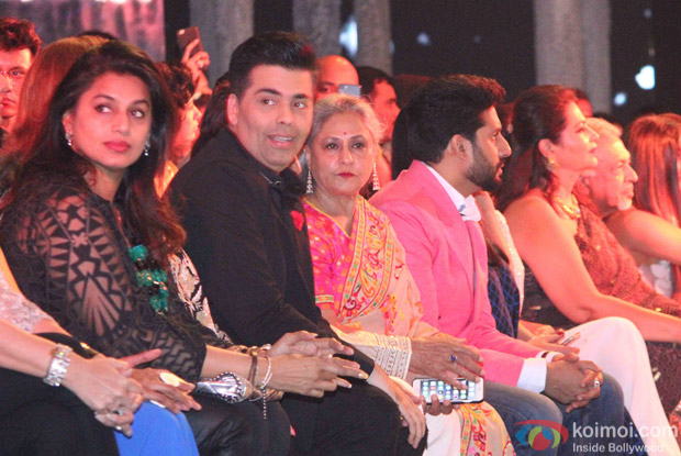 Karan Johar, Jaya Bachchan and Abhishek Bachchan during the launch of Fashion Designers Abu Jani and Sandeep Khosla's new international line in associationwith Volvo S90