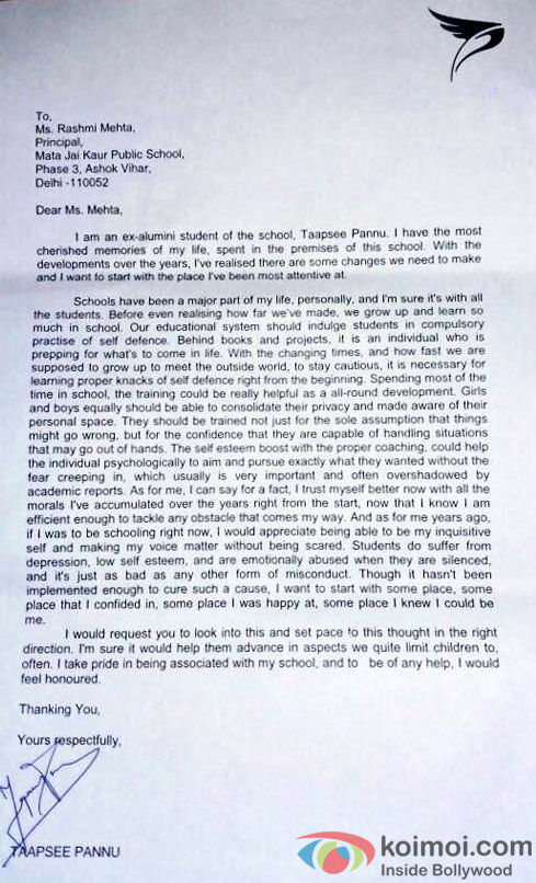 Taapsee writes letter to her school for self defense