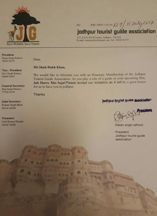SRK To Receive Honorary Membership From Jodhpur Tourist Guide Association