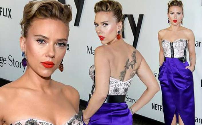 Scarlett Johansson Rocks Back Tattoo & Strapless Dress At A Film Premiere