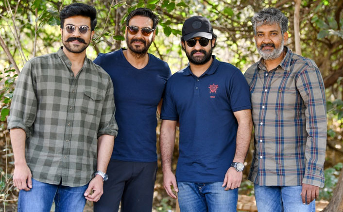 "The stars are shining bright on the sets of #RRR! " the makers of S.S Rajamouli's RRR share a picture of Ram Charan, Ajay Devgn, and Jr. NTR