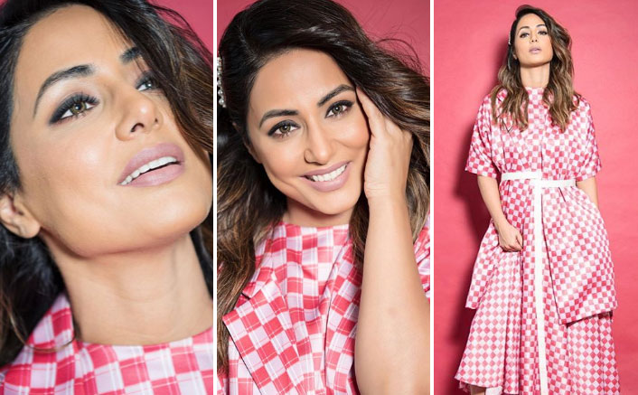 Hina Khan's Red Bais Cut Dress With A Checkered Overcoat Is A Must-Have Valentine's Day Outfit