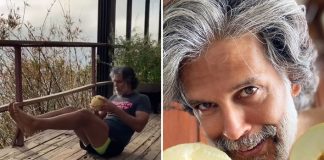 Milind Soman works out with muskmelon as weight