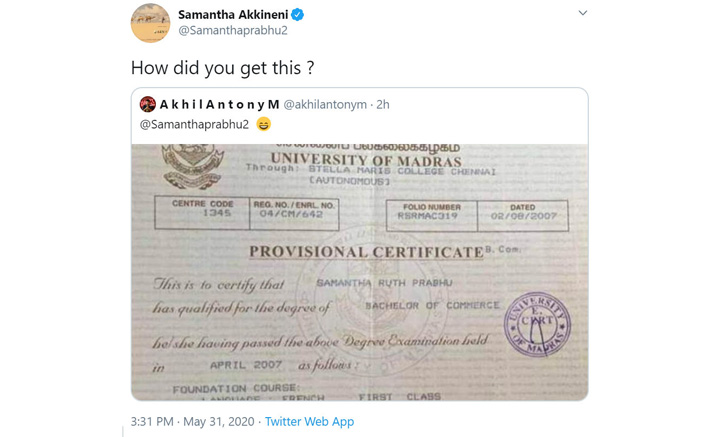 Samantha Akkineni's Degree Certificate Goes Viral On Social Media As Her Fan Leaks It
